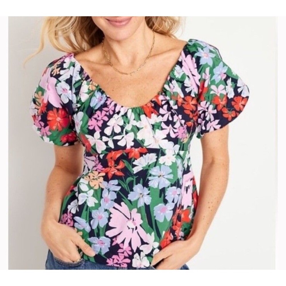 Old Navy Floral Colorful Puffy Short Sleeve Blouse Size Large Women’s - Picture 1 of 9